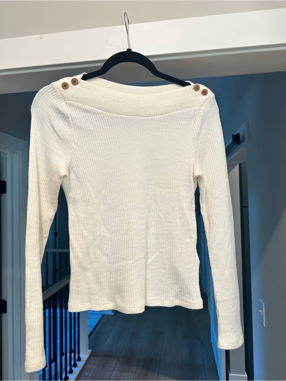 Madewell Cream Ribbed Boatneck Long-Sleeve Top with Shoulder Buttons